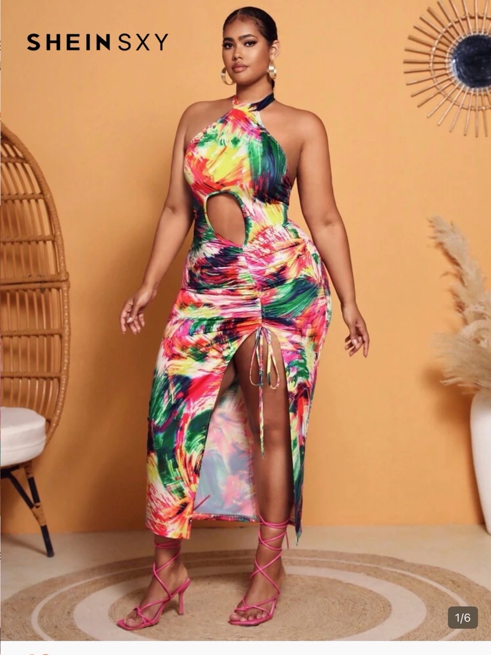 SHEIN Multicolor One-Shoulder Cutout Ruched Midi Dress